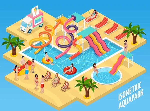 Színes vízi Park Aquapark izometrikus összetétele — Stock Vector