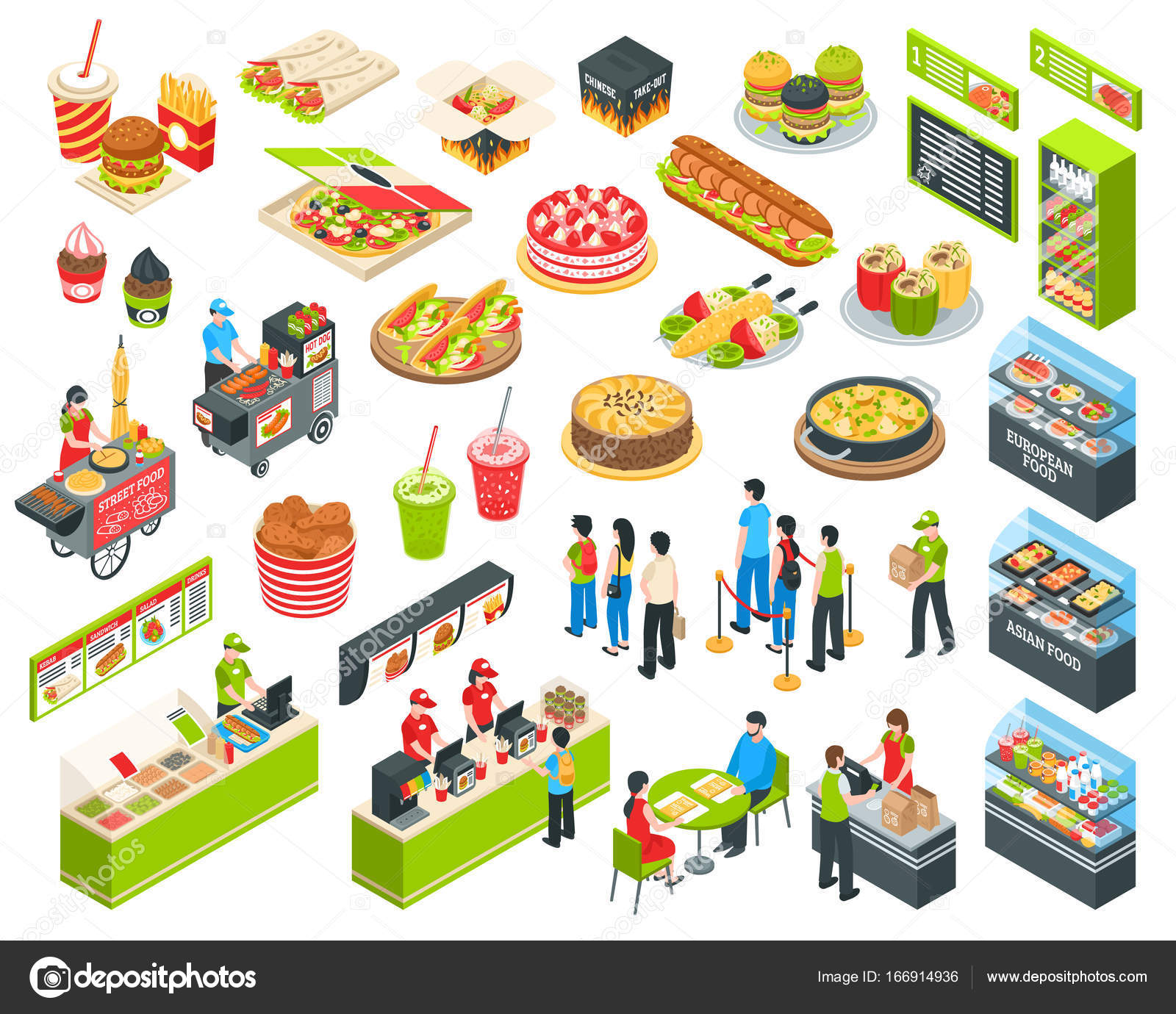 Fast Food Isometric Cort Set Stock Vector Image By C Macrovector