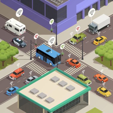 Akıllı şehir trafik izometrik kompozisyon