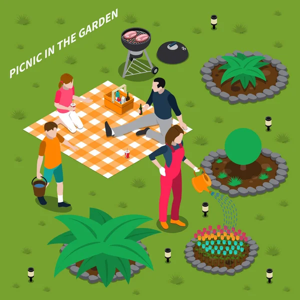 Piknik w ogrodzie izometryczny projekt koncepcyjny — Wektor stockowy
