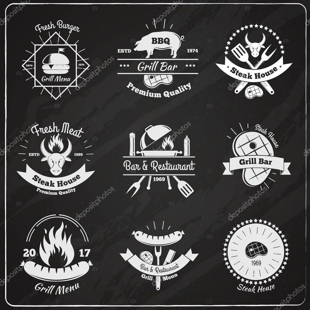 Steakhouse vintage emblems chalkboard set with flat images of fresh meat burgers and dishes with text vector illustration