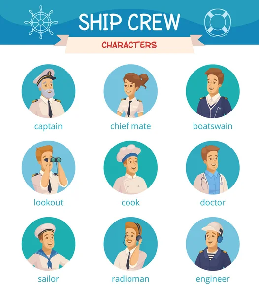 Conjunto de ícones de personagens de tripulação de navio — Vetor de Stock