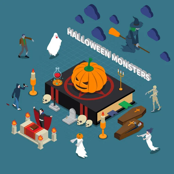 Composizione isometrica di Halloween mostro — Vettoriale Stock