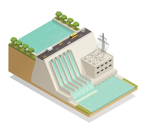Energía Verde Hidroeléctrica Composición isométrica — Vector de stock