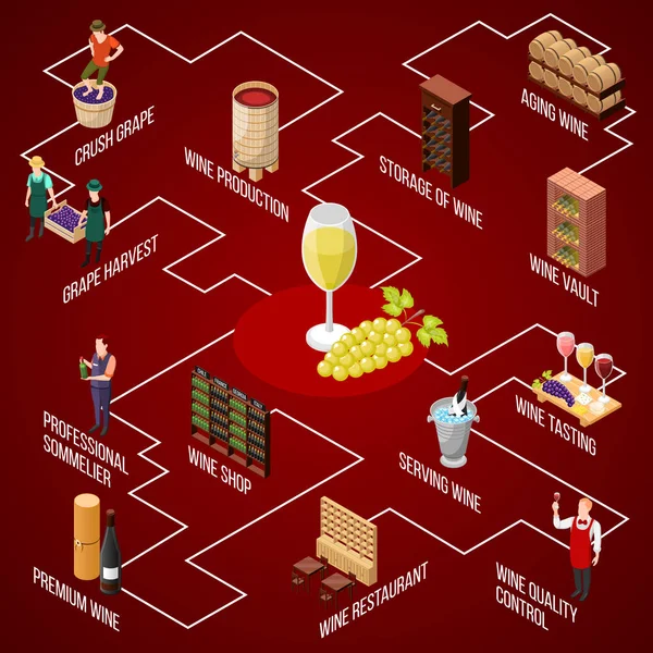 Isometrisches Flussdiagramm der Weinproduktion — Stockvektor