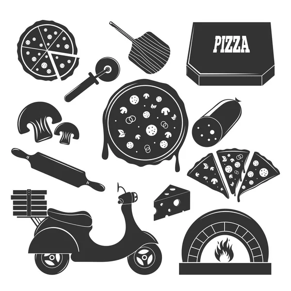 Pizzeria Set di elementi monocromatici — Vettoriale Stock