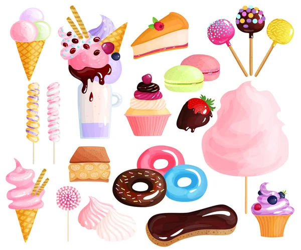 Сладкие десерты с разноцветными иконами — стоковый вектор