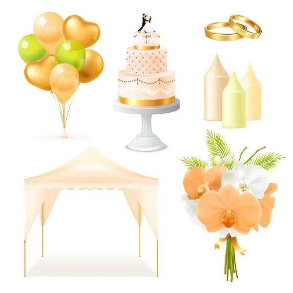 Elementos de boda realistas conjunto — Vector de stock