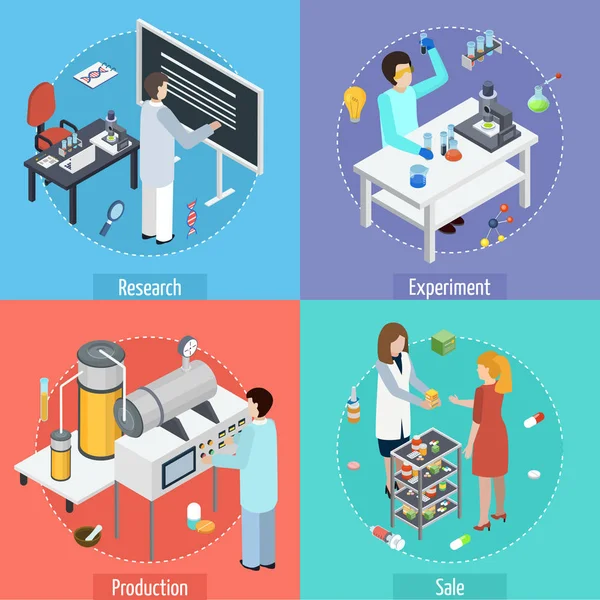 Pharmazeutische Produktion 4 isometrische Symbole — Stockvektor