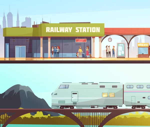 Залізничний вокзал і міст горизонтальні банери — стоковий вектор