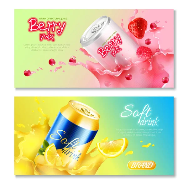 Latas de alumínio Bebidas Horizontal Banner Set — Vetor de Stock