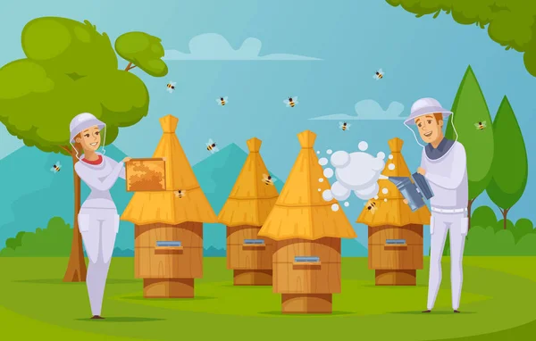 Bee Farm Honey Coletando desenhos animados — Vetor de Stock