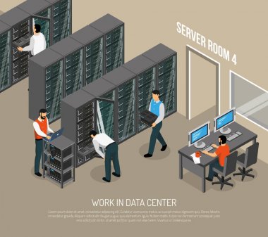 Veri Merkezi izometrik vektör çizim çalışması 