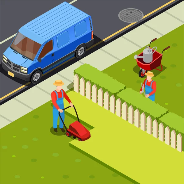 Mowing Lawn Isometric Composition — Stock Vector
