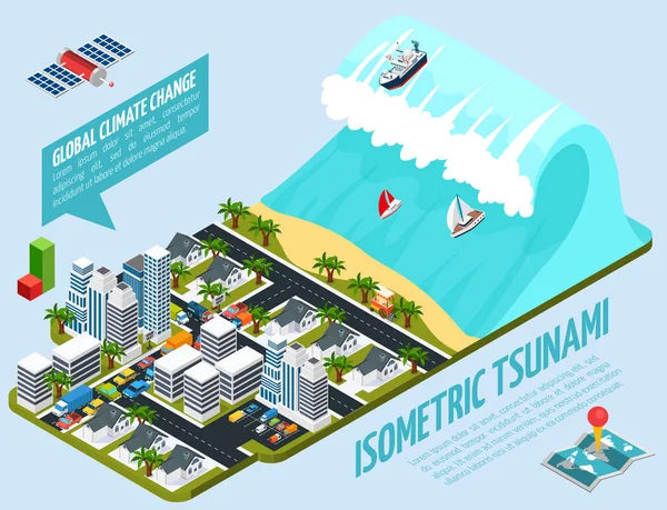 Composição de aquecimento global de tsunami isométrico —  Vetores de Stock