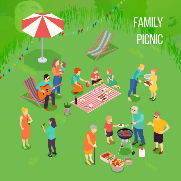 Ilustración isométrica de picnic familiar — Archivo Imágenes Vectoriales