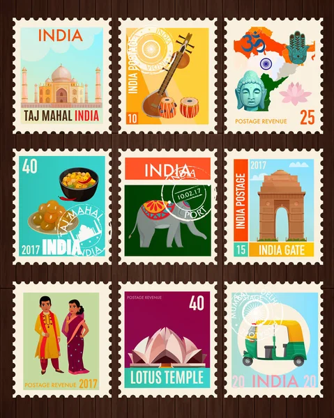Carte di francobolli di viaggio India — Vettoriale Stock