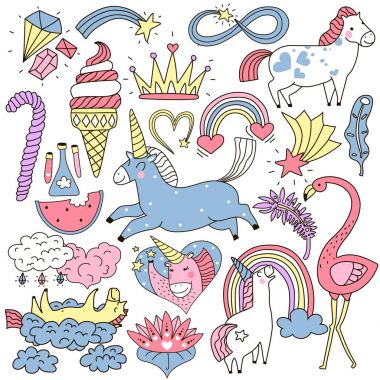 Unicorn peri öğeler kümesi Doodle  