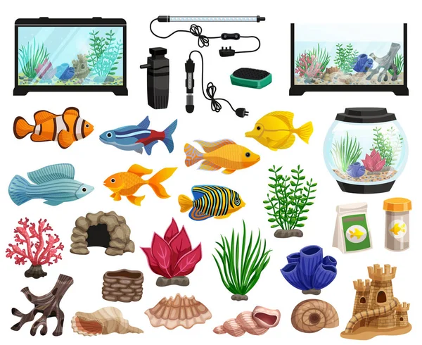 Acuario y conjunto de peces de acuario — Vector de stock