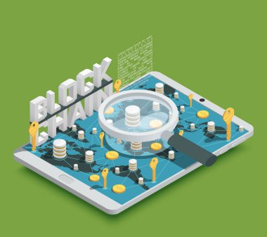 Blockchain Cryptocurrency ödemeler izometrik kompozisyon 