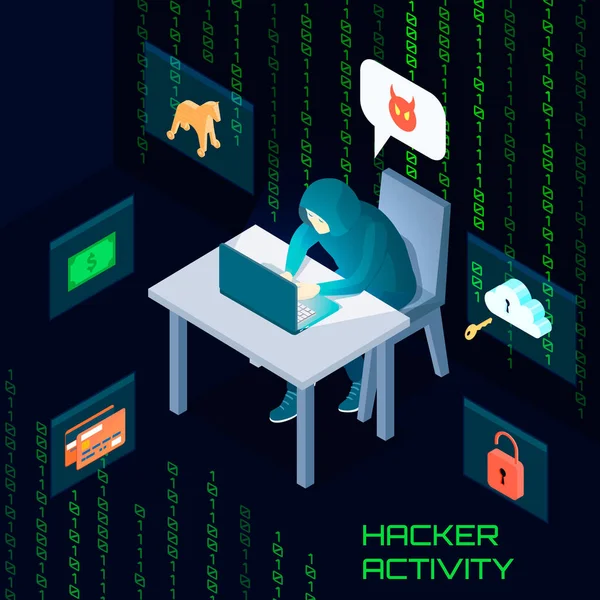 Hacker aktivita izometrická složení — Stockový vektor
