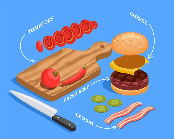 Preparación de hamburguesa con queso Composición isométrica — Vector de stock