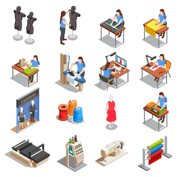 Dikiş fabrika izometrik Icons Set — Stok Vektör