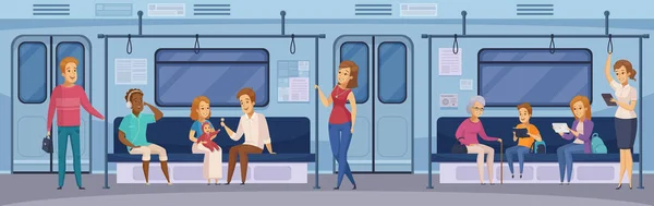 Subway Underground Train Passengers Cartoon — Stock Vector