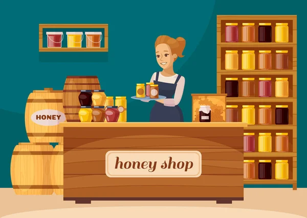 Pasieki pszczelarz miodu sklep kreskówka — Wektor stockowy