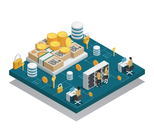 Cryptocurrency And Blockchain Isometric Composition — Stock Vector