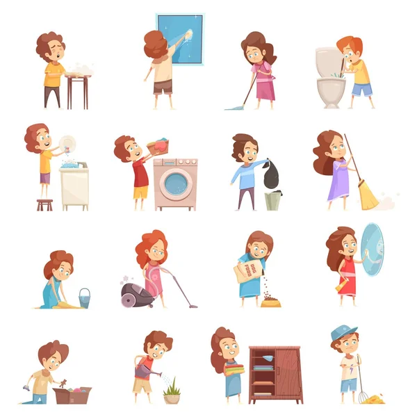 Crianças limpeza conjunto de ícones de desenhos animados — Vetor de Stock