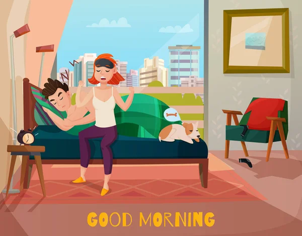 Morning Waking Of Couple Illustration — Stock Vector