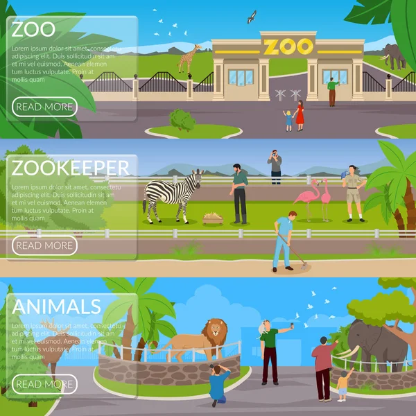 Banners horizontales planos del zoológico — Vector de stock