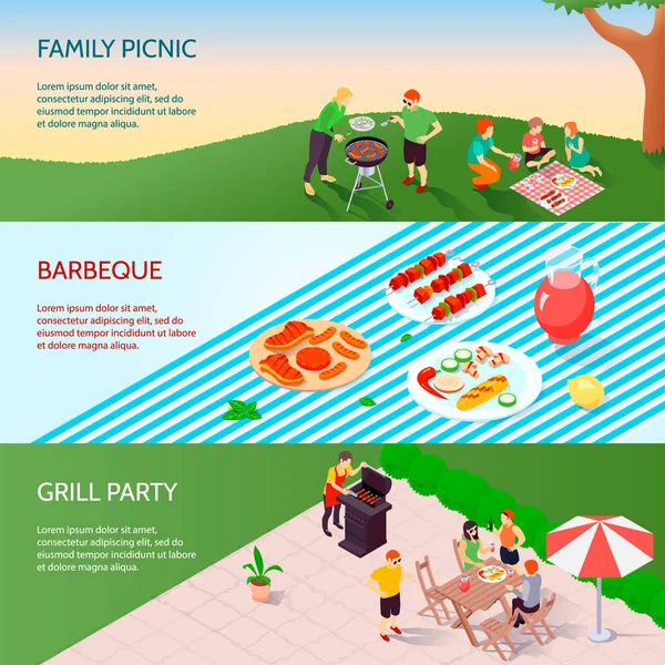 Bannières isométriques de partie de barbecue — Image vectorielle