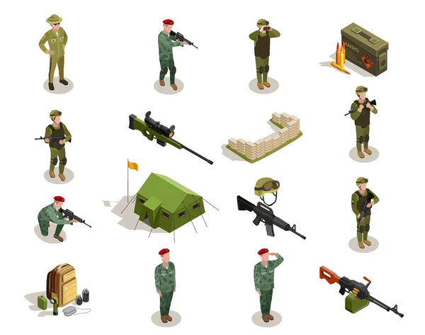 Conjunto de elementos isométricos militares del ejército — Archivo Imágenes Vectoriales