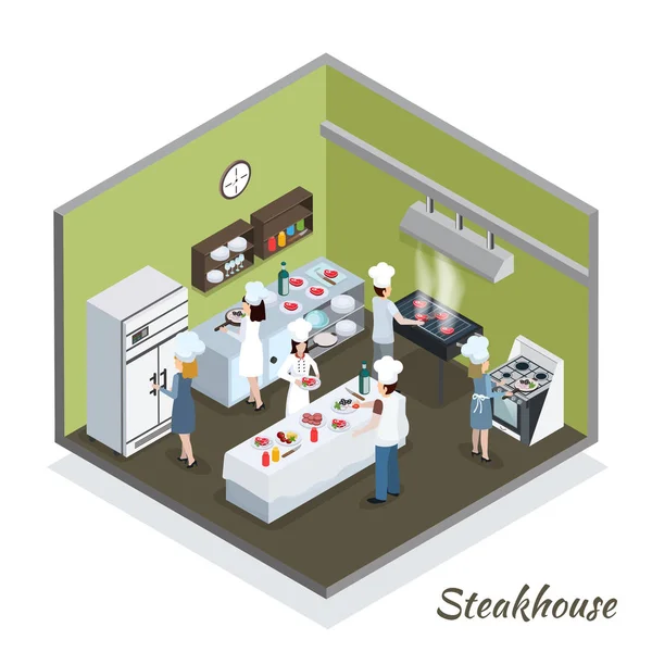 Professionele Steakhouse keuken interieur isometrisch — Stockvector