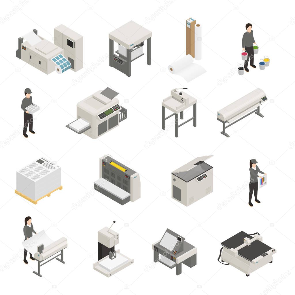 Printing House Isometric Icons Set 