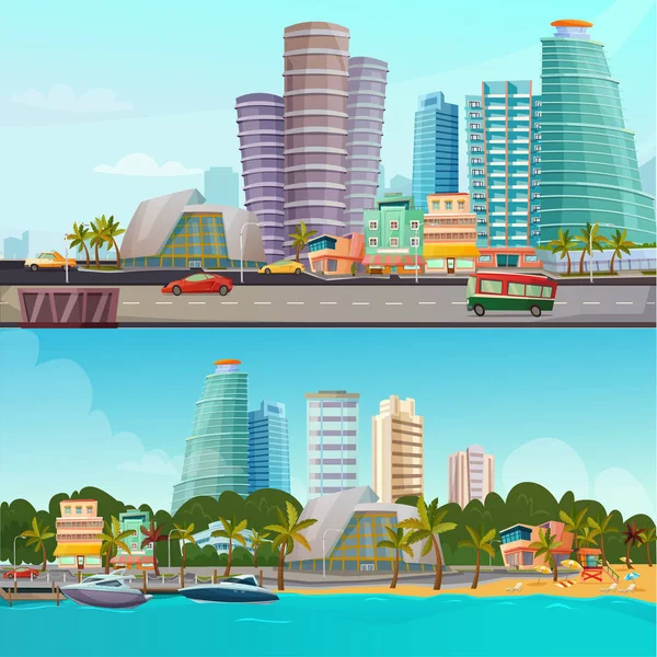 Miami Waterfront Cartoon Banners Set — Stockvector