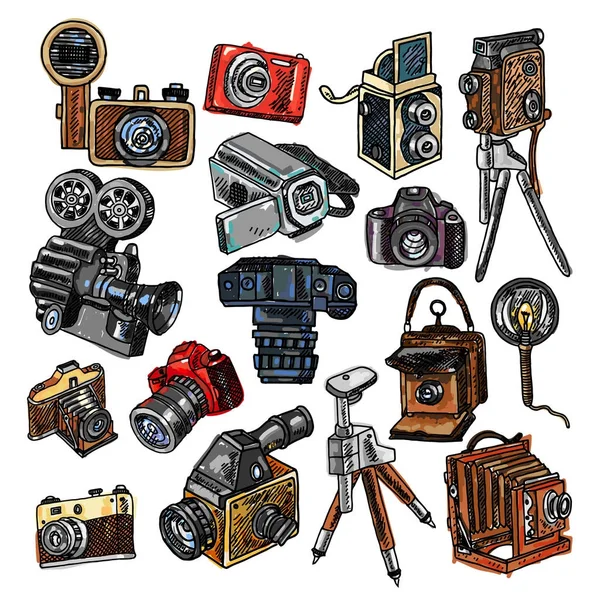 Camera doodle schets iconen set — Stockvector