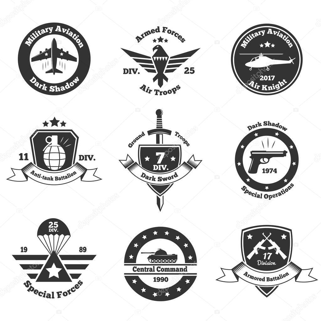 Set of nine isolated monochrome military emblems with images of war transport weapons text and symbols vector illustration