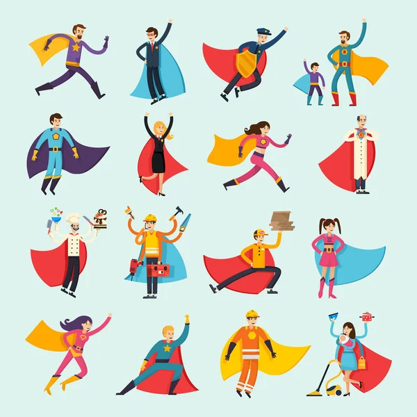 Superheroes Orthogonal Flat People Set — Stock Vector