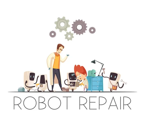 Robôs Trabalho de Equipe Reparação Composição dos desenhos animados —  Vetores de Stock
