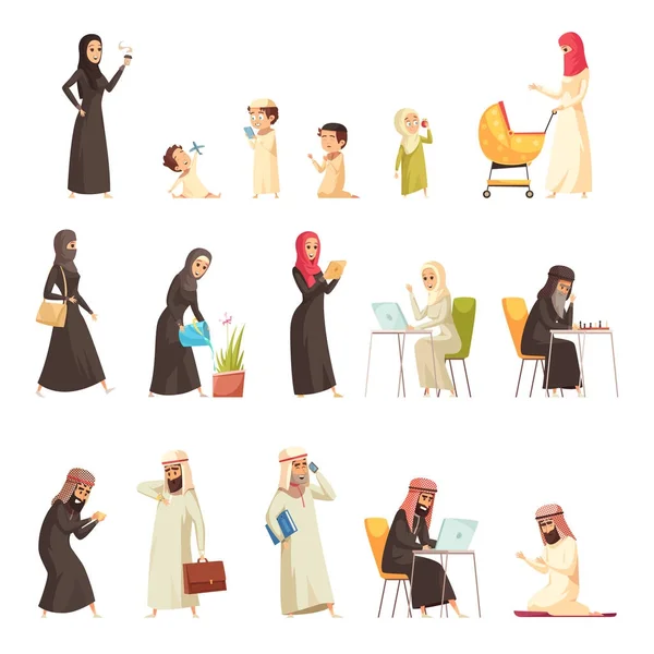 아랍인 가족 만화 아이콘 세트 — 스톡 벡터