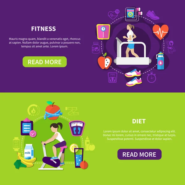 Banners horizontales de dieta Fitness — Vector de stock