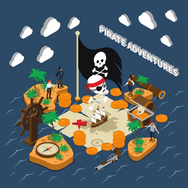 Pirate Adventures Isometric Composition — Stock Vector