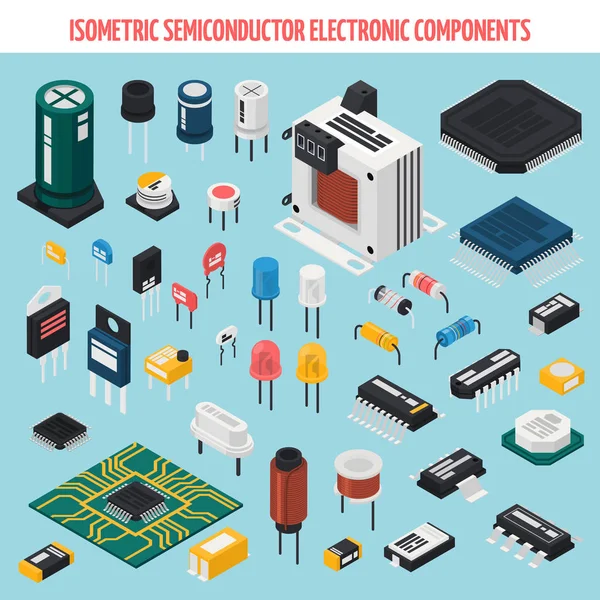 Conjunto de iconos isométricos de componentes electrónicos de semiconductores — Archivo Imágenes Vectoriales