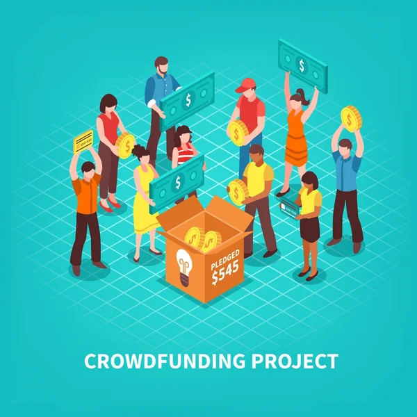 Isometrische Crowdfunding illustratie — Stockvector