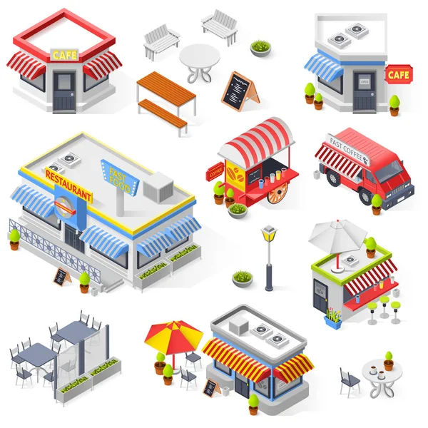 Set Of Street Restaurant And Cafe Isometric Icons — Stock Vector