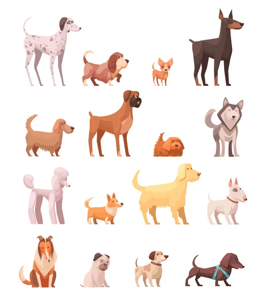 Razas de perros Retro colección de iconos de dibujos animados — Vector de stock