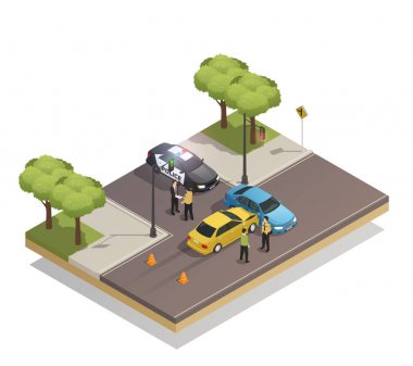 Yol çarpışma kaza izometrik kompozisyon 